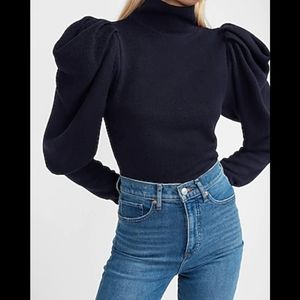 Ribbed Puff Sleeve Mock Neck Top b7